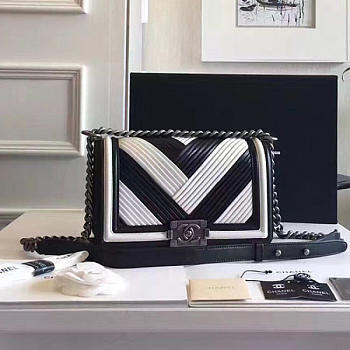 Fancybags Chanel Medium Chevron Lambskin Boy Bag White and Black A13044 VS04002