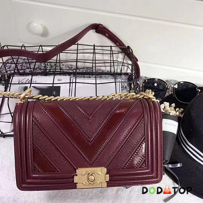 Fancybags Designer Chanel Chevron Medium Boy Bag Burgundy A67086 VS06664 - 1