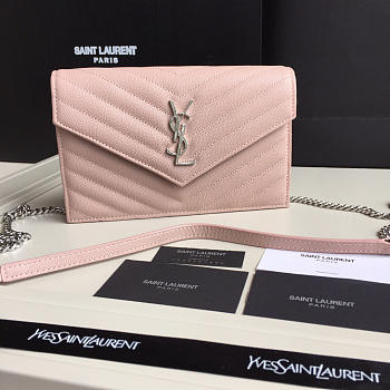 ENVELOPE CHAIN WALLET IN LIGHT WASHED PINK GRAIN DE POUDRE EMBOSSED LEATHER