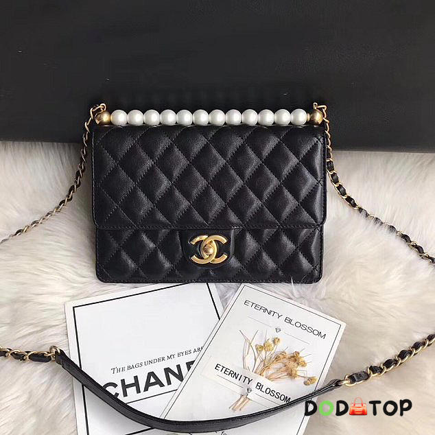 CC original lambskin Imitation pearls flap bag AS0585 black - 1