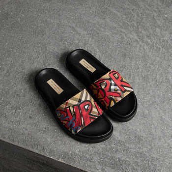 BURBERRY Graffiti Print Vintage Check and Leather Slides
