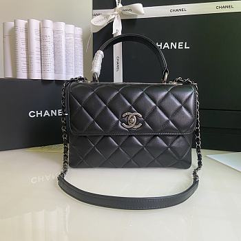 CHANEL FLAP BAG WITH TOP HANDLE A92236# Lambskin Black with Silver Hardware