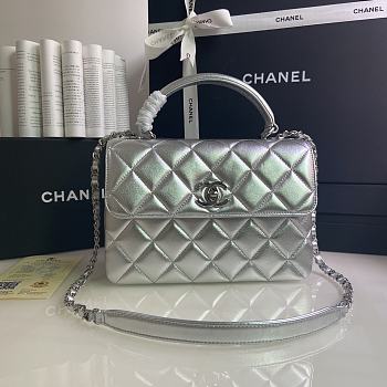CHANEL FLAP BAG WITH TOP HANDLE A92236# Metallic Lambskin & Silver Metal Silver