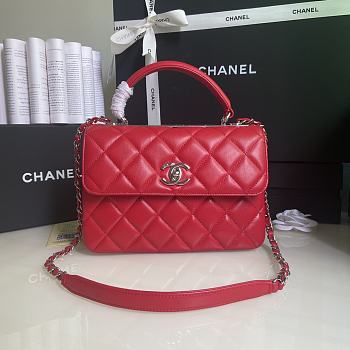 CHANEL FLAP BAG WITH TOP HANDLE A92236# Lambskin & Silver Metal in Red
