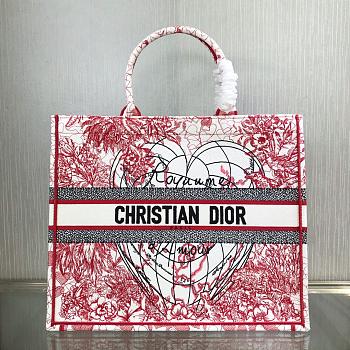 DIOR BOOK TOTE RED AND WHITE D-ROYAUME D'AMOUR EMBROIDERY M1286 SIZE 41.5 CM