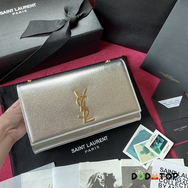 YSL KATE SMALL CLUTCH BAG SMOOTH LEATHER SILVER 326076 SIZE 24 CM - 1