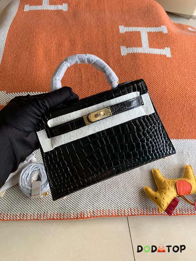 HERMES MINI KELLY CROCODILE GOLD HARDWARE BLACK 19 CM - 1