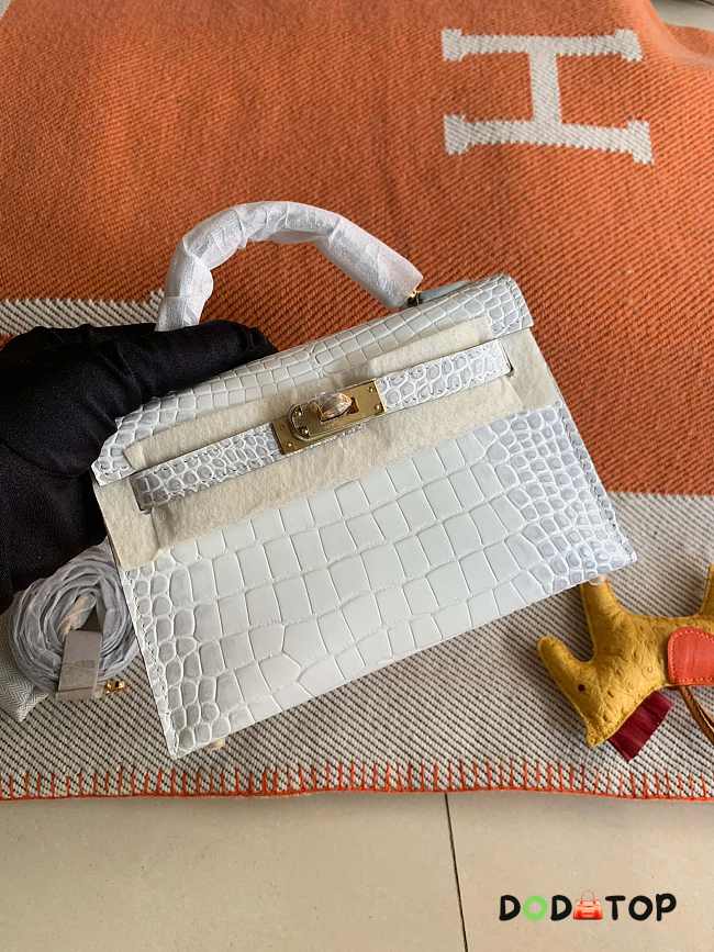 HERMES MINI KELLY CROCODILE GOLD HARDWARE WHITE 19 CM - 1