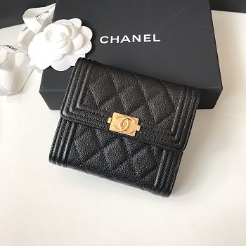 Chanel Boy Black Grain Leather & Gold-tone Metal Wallet A80734 Size 11.5 cm