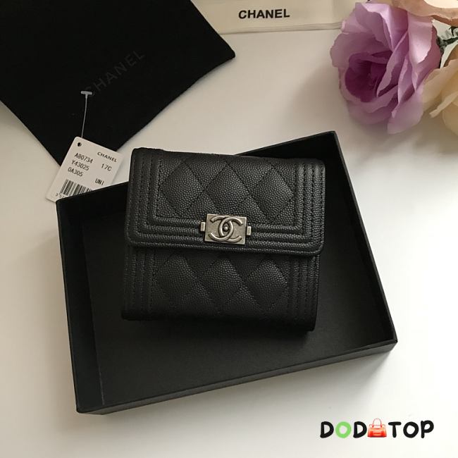 Chanel Boy Black Grain Leather & Silver-tone Metal Wallet A80734 Size 11.5 cm - 1