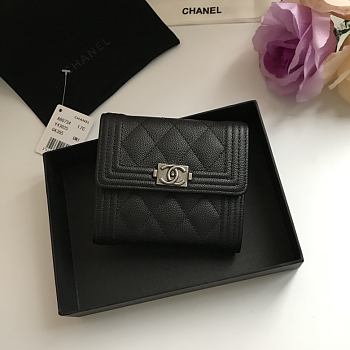 Chanel Boy Black Grain Leather & Silver-tone Metal Wallet A80734 Size 11.5 cm