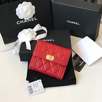 Chanel Boy Red Grain Leather & Gold-tone Metal Wallet A80734 Size 11.5 cm