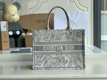 Dior Small Book Tote Gray Toile De Jouy Embroidery M1296 Size 36.5 x 28 x 14 cm