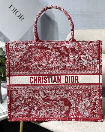 Dior Book Tote Red Toile De Jouy Embroidery M1286 Size 41.5 x 32 x 15 cm