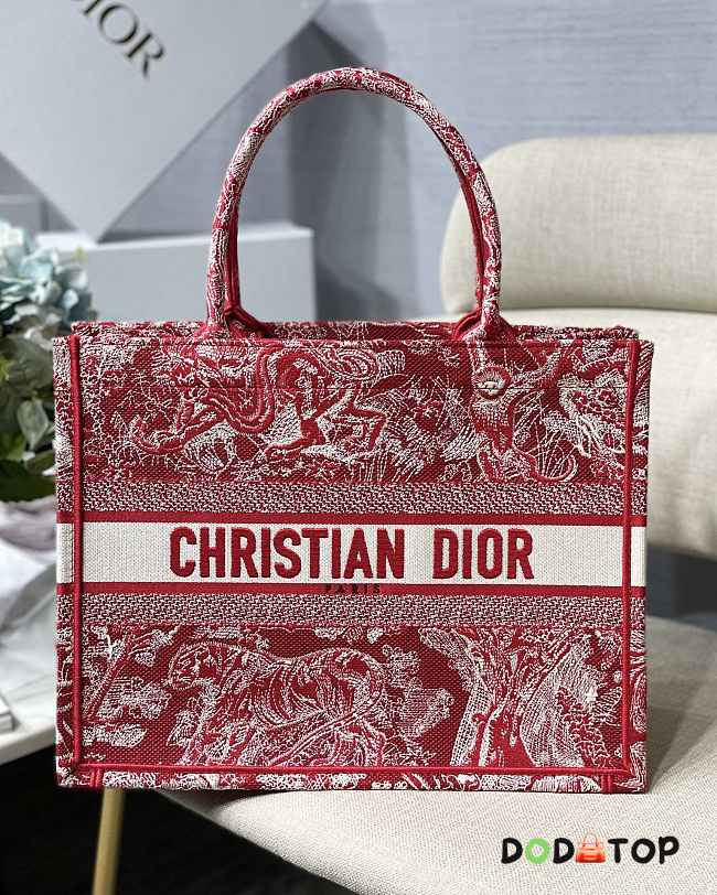 Dior Small Book Tote Red Toile De Jouy Embroidery M1296 Size 36.5 x 28 x 14 cm - 1
