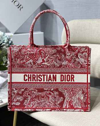 Dior Small Book Tote Red Toile De Jouy Embroidery M1296 Size 36.5 x 28 x 14 cm