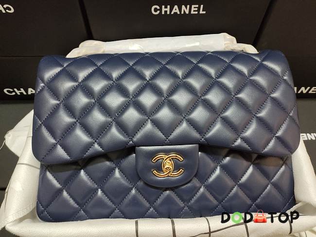 Chanel Lampskin Flap Bag A1113 With Gold Hardware 30cm Navy Blue - 1