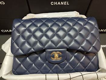 Chanel Lampskin Flap Bag A1113 With Gold Hardware 30cm Navy Blue