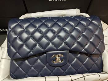 Chanel Lampskin Flap Bag A1113 With Silver Hardware 30cm Navy Blue