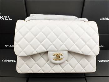 Chanel Lampskin Flap Bag A1113 With Gold Hardware 30cm White
