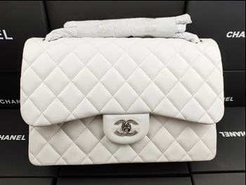 Chanel Lampskin Flap Bag A1113 With Silver Hardware 30cm White