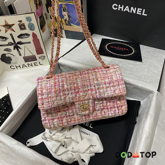 Chanel Tweed and Gold-tone Metal Flap Bag Pink/White A01112 Size 25.5 cm - 1
