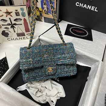 Chanel Tweed and Gold-tone Metal Flap Bag Turquoise A01112 Size 25.5 cm