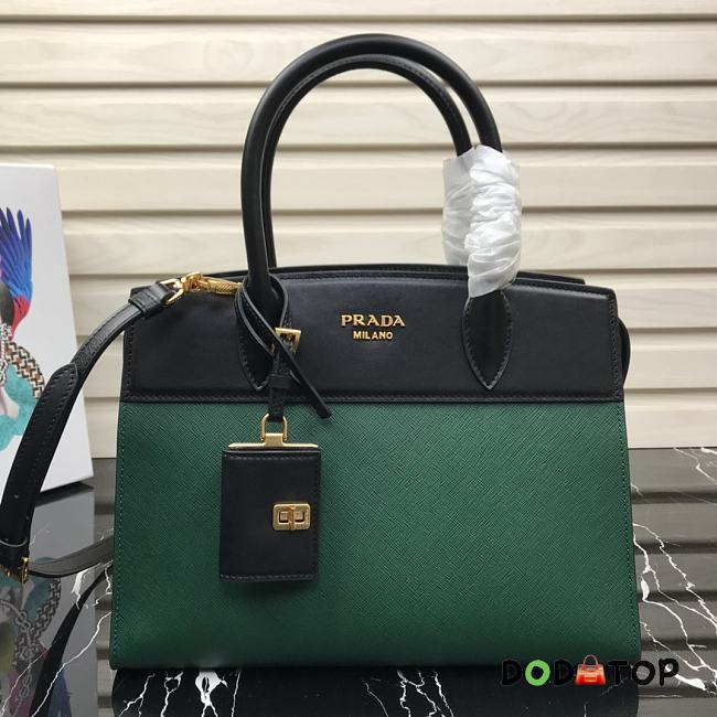 Prada Saffiano Leather Esplanade Bag Black/Green 1BA046 Size 30 x 22 x 14 cm - 1