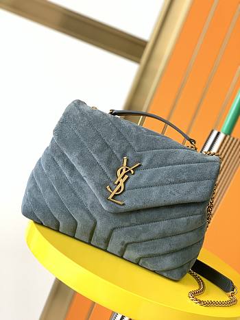 YSL Loulou Small Bag In Y-Quilted Suede Blue 494699 Size 25 x 17 x 9 cm