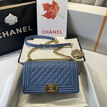 Chanel Boy Handbag Grain Calfskin Sky Blue A67086 Size 25 cm