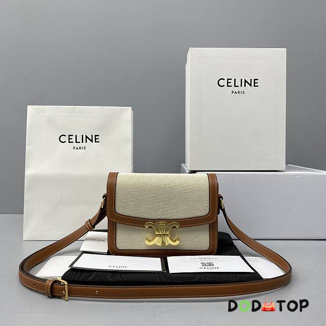 Celine Teen Triomphe Textile & Natural Calfskin Tan/White 188882 Size 18 x 14 x 6 cm - 1