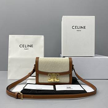 Celine Teen Triomphe Textile & Natural Calfskin Tan/White 188882 Size 18 x 14 x 6 cm