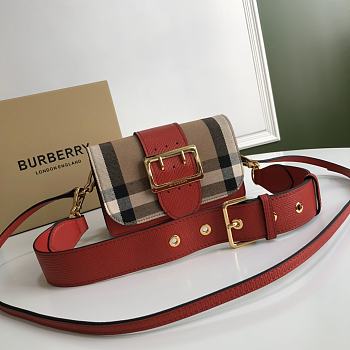 Burberry The Small Buckle Bag In House Check And Red Leather Size 19.5 cm