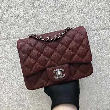 Chanel A35200 Mini Flap Bag 17cm Grained Calfskin Wine Red Silver
