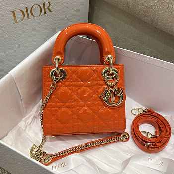 Dior M0505 Mini Lady Dior Bag Orange Red Patent Cannage Calfskin Size 17 x 15 x 7 cm