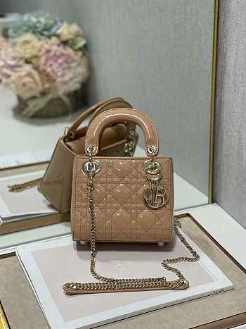 Dior M0505 Mini Lady Dior Bag Apricot Patent Cannage Calfskin Size 17 x 15 x 7 cm