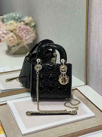 Dior M0505 Mini Lady Dior Bag Black Patent Cannage Calfskin Size 17 x 15 x 7 cm 