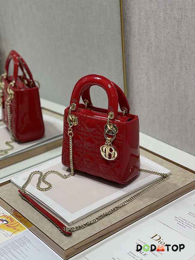 Dior Mini Lady Dior Bag M0505 Cherry red Patent Cannage Calfskin Size 17 x 15 x 7 cm - 1