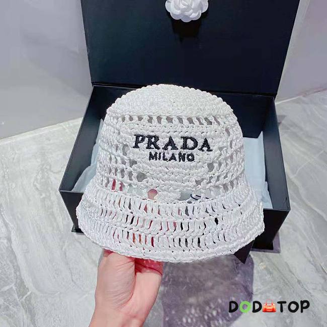 Prada Women Raffia Bucket Hat-Black/White/Beige - 1