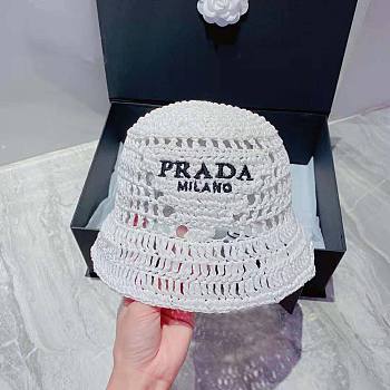 Prada Women Raffia Bucket Hat-Black/White/Beige