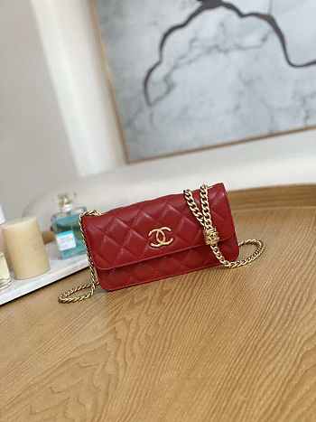 Chanel Flap Phone Holder With Chain Red Lambskin Size 10 × 17.2 × 3.3 cm