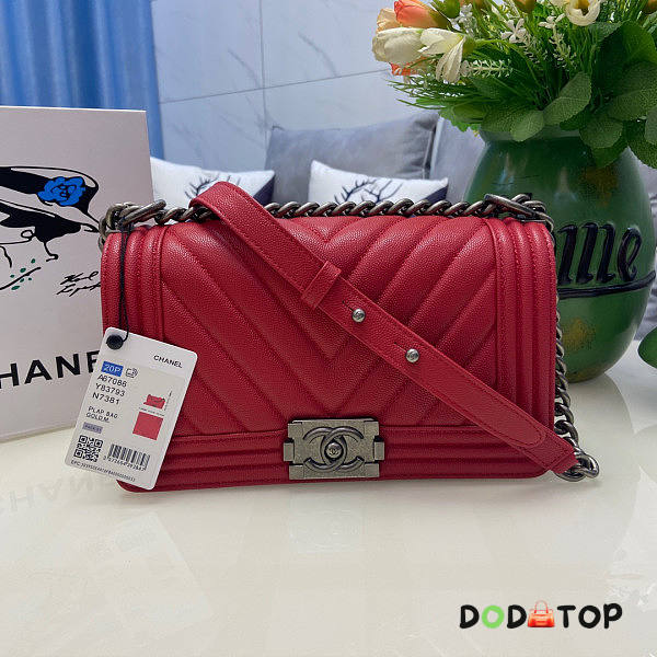 Chanel Boy Bag In Red Silver Hardware Size 25 cm - 1
