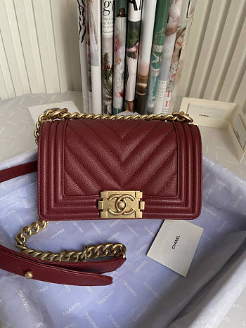 Chanel Boy Bag Cheveron In Dark Red Gold Hardware Size 20 cm
