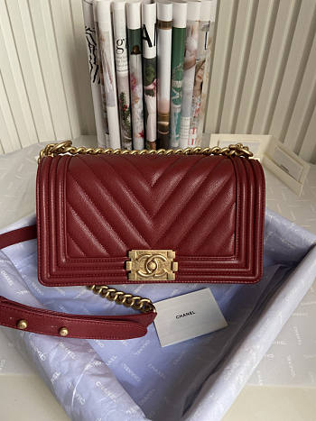 Chanel Boy Bag Cheveron In Dark Red Gold Hardware Size 25 cm