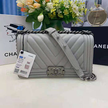 Chanel Boy Bag Cheveron In Light Grey Silver Hardware Size 25 cm