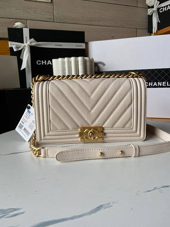 Chanel Caviar Boy Bag In Cream Gold Hardware Size 25 cm