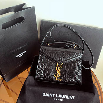 YSL Saint Laurent Cassandra Mini Top Handle Bag In Black Crocodile Leather Size 20 x 16 x 7.5 cm