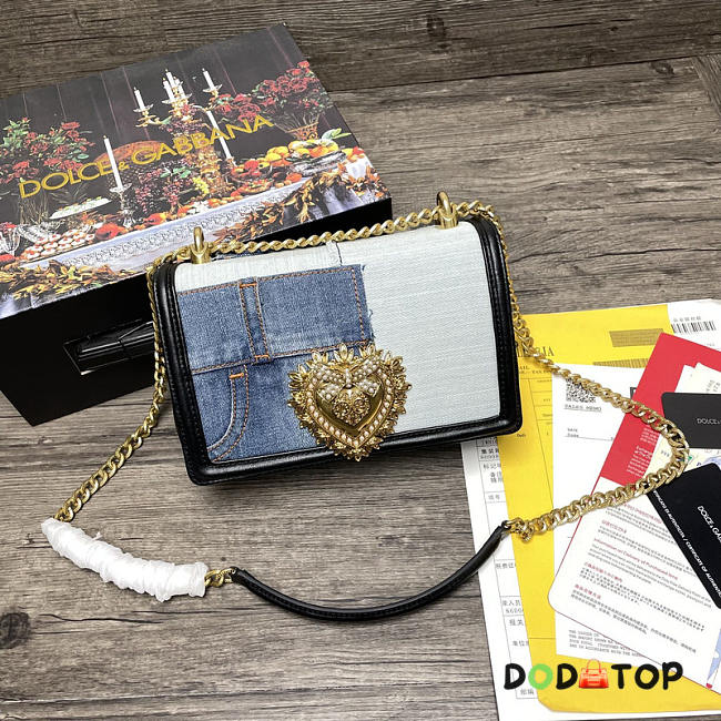 Dolce & Gabbana Medium Devotion Patchwork Denim and Plain Calfskin Shouler Bag Size 21 x 13.5 x 5 cm - 1