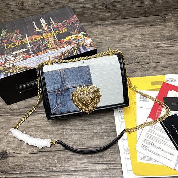 Dolce & Gabbana Medium Devotion Patchwork Denim and Plain Calfskin Shouler Bag Size 21 x 13.5 x 5 cm
