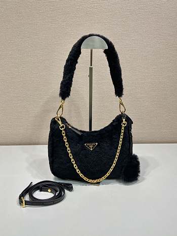 Prada Hobo Fur Bag 1BC204 Black Size 23 x 17 x 8 cm